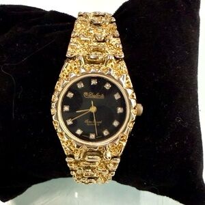Vintage‎ Dufonte Lucien Piccard Nugget Bracelet Watch Gold Tone Diamond Accents